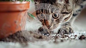 Adorable cat amidst scattered potting soil from a plant pot on the white carpet. A funny kitty creating a mess. Concept