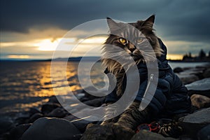 cat in black vest sitting on seashore with thunderclouds approaching photo