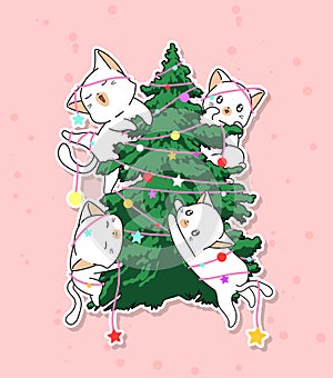 Adorable cat characters with a Christmas tree