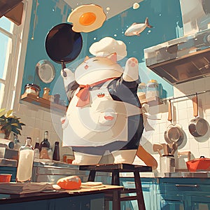 Adorable Cat Chef Cooking Scrambled Eggs