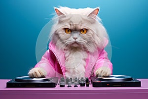 Adorable cat DJ wearing cool pink jacket at a console, set against a pale blue background, ready to mix tunes