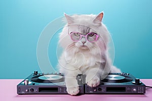 Adorable cat DJ wearing glasses at a console, set against a pale blue background, ready to mix tunes