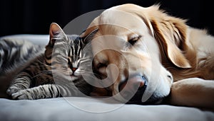 Adorable cat and dog enjoying a cozy nap together at home on a bright and sunny summer day