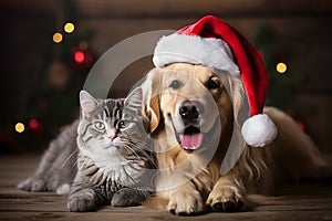 Adorable cat and dog wearing Santa hat together at room decorated for Christmas. Cute pets. Close-up. Selective focus. Generative