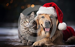 Adorable cat and dog wearing Santa hat together at room decorated for Christmas. Cute pets. Close-up. Selective focus. Generative