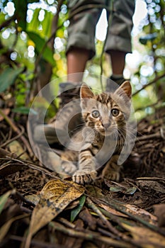 Adorable cat, exploring expert, tiny boots, jungle backdrop, intrepid traveler , Prime Lenses