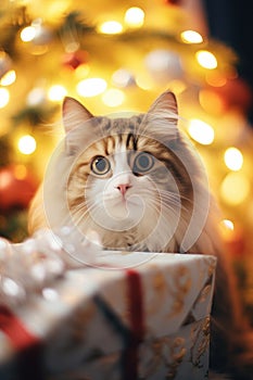 Adorable cat with gifts and presents under Christmas tree