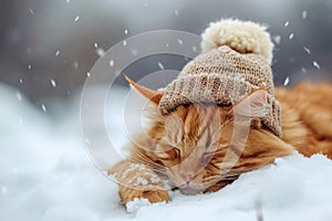 Adorable Cat With Ginger Fur And A Knitted Hat Lounges In Snowy Landscape, Symbolizing Pets As Family