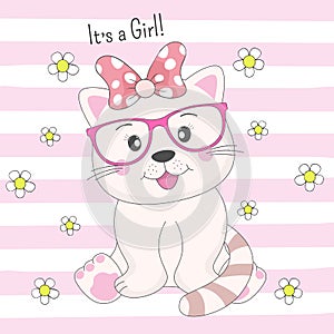 Adorable cat in glasses sitting and inscription it`s a girl