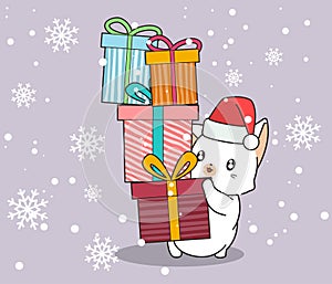 Adorable cat is holding gift boxes on snowflake background