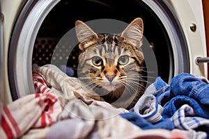 adorable cat peering out from behind door of front-loading washing machine, surrounded by pile of dirty laundry. domesti