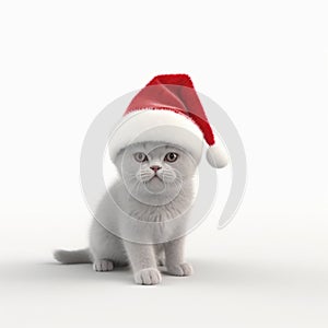 Adorable Cat With Red Nose And Santa Hat - 3d Rendering