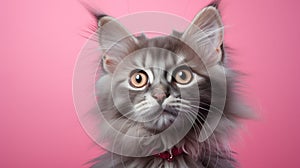 Adorable cat with serious straight look, isolated on pink background