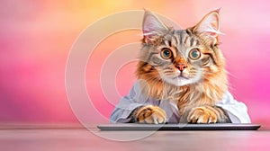Adorable cat in shirt using tablet against vibrant background