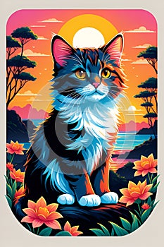 Adorable cat sitting in cute with flower arounds, nearby a beautiful beach in sunset, tree, sky and clouds, animal, bold line art