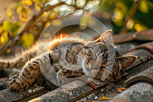 Adorable cat sleeping on a roof