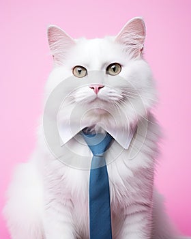 Adorable cat with a tie, posed in a professional studio portrait session against a backdrop