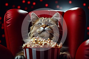 Adorable cat watching 3D movie, munching popcorn in red armchair