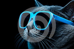 Adorable cat wearing stylish blue sunglasses for sun protection in a youthful style