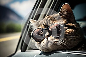 Adorable cat wearing sunglasses in car window. Generative AI. photo