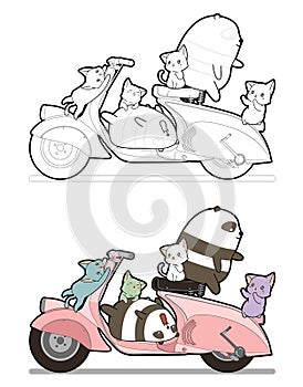 Adorable cats and pandas love motorbike cartoon coloring page for kids