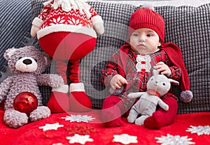 Adorable caucasian baby sitting on sofa with santa claus toy at home