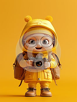 Adorable Character in Yellow Raincoat Holding Camera Cute Cartoon Figure with Glasses and Bear Ear Hood Bright Background photo