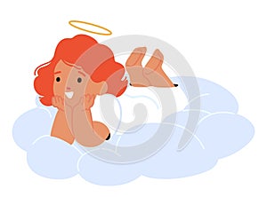 Adorable Cherubic Baby Angel Character With Red Hair, Halo, Tiny Wings, And A Sweet Smile, Lying On The Cloud