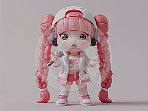 Adorable Chibi Anime Girl Figurine with Pink Braided Hair, Headphones, and Microphone Cute Collectible Toy photo