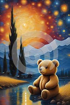 An adorable chibi bear in a painting with a starry night, tree, wet road, mountain, Van Gogh style, fantasy, t-shirt design