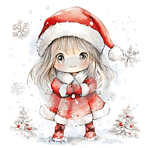 Adorable Chibi Girl in Santa Dress with Mittens photo