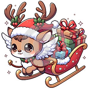 An adorable chibi reindeer flight with a sleigh full of the christmas present inside it, holiday costum, cartoon, white background photo