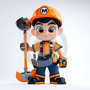 Chibi Plumber Child Holding Plunger on Clean White Background photo