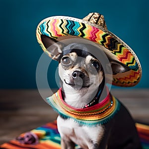 Adorable chihuahua dog with mexican sombrero hat. Happy Cinco De Mayo fashion photo
