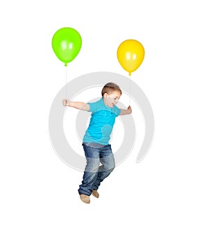 Adorable child flying with two balloons
