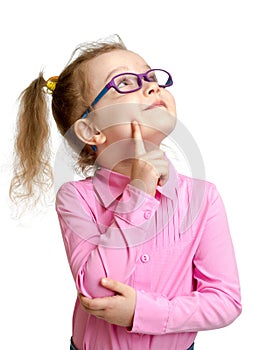 Adorable child in glasses looking up isolated photo