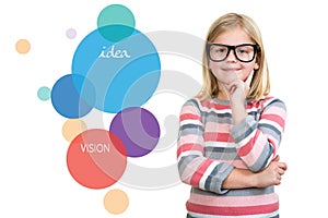 Adorable child in glasses thinking, got idea.