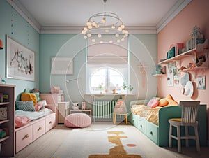 Cute childrens bedroom with colorful decor  created with Generative AI