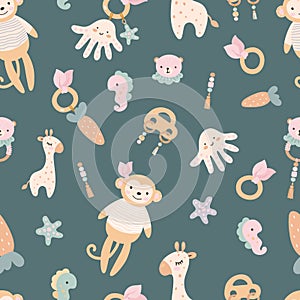 Adorable children toys seamless pattern. Cute nursery baby print, simple toy, monkey and giraffe, pendant with beads