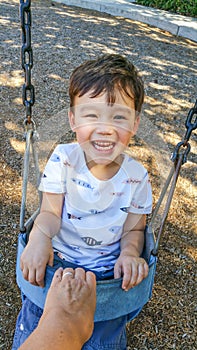 Adorable Chinese and Caucasian Young Boy Having Fun on a Swing