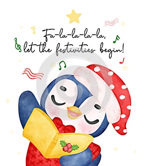 Adorable Christmas caroler Penguin Singing Festive Song. Delightful Watercolor Cartoon for Kids. Perfect for Cards, Invitations,