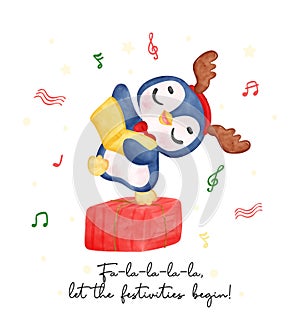 Adorable Christmas caroler Penguin Singing Festive Songs on gift box. Delightful Watercolor Cartoon for Kids. Perfect for Cards,