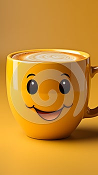 Adorable coffee cup persona on yellow backdrop, sporting a grin Copy friendly atmosphere