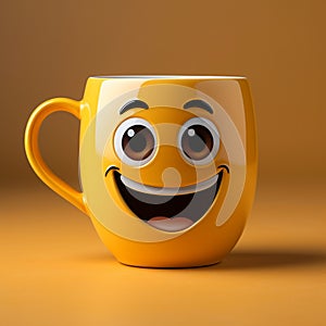 Adorable coffee cup persona on yellow backdrop, sporting a grin Copy friendly atmosphere