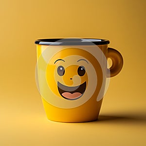 Adorable coffee cup persona on yellow backdrop, sporting a grin Copy friendly atmosphere