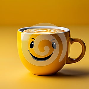 Adorable coffee cup persona on yellow backdrop, sporting a grin Copy friendly atmosphere