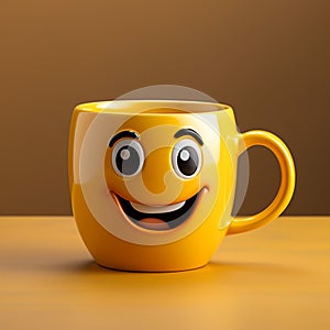 Adorable coffee cup persona on yellow backdrop, sporting a grin Copy friendly atmosphere