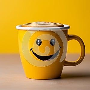 Adorable coffee cup persona on yellow backdrop, sporting a grin Copy friendly atmosphere