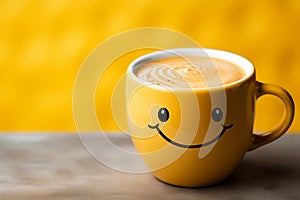 Adorable coffee cup persona on yellow backdrop, sporting a grin Copy friendly atmosphere