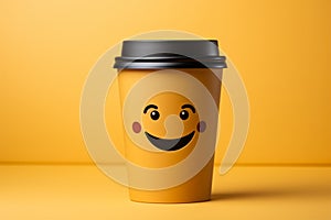 Adorable coffee cup persona on yellow backdrop, sporting a grin Copy friendly atmosphere